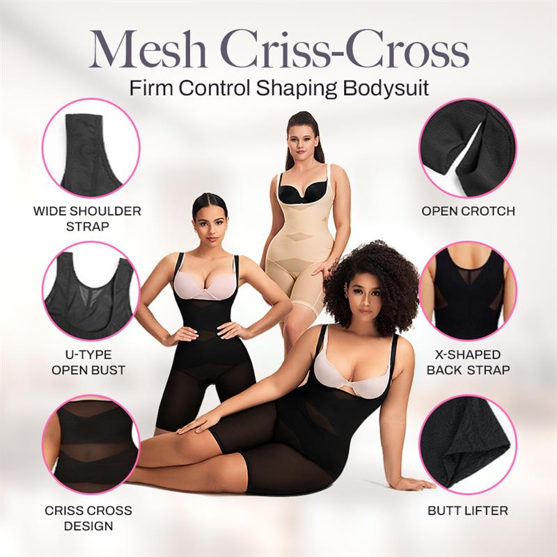 Mesh Criss-Cross Firm Control Shaping Bodysuit