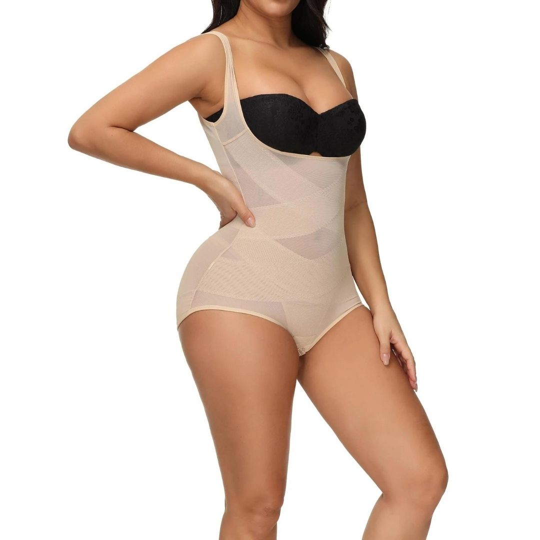 Mesh Criss-Cross Firm Control Shaping Bodysuit