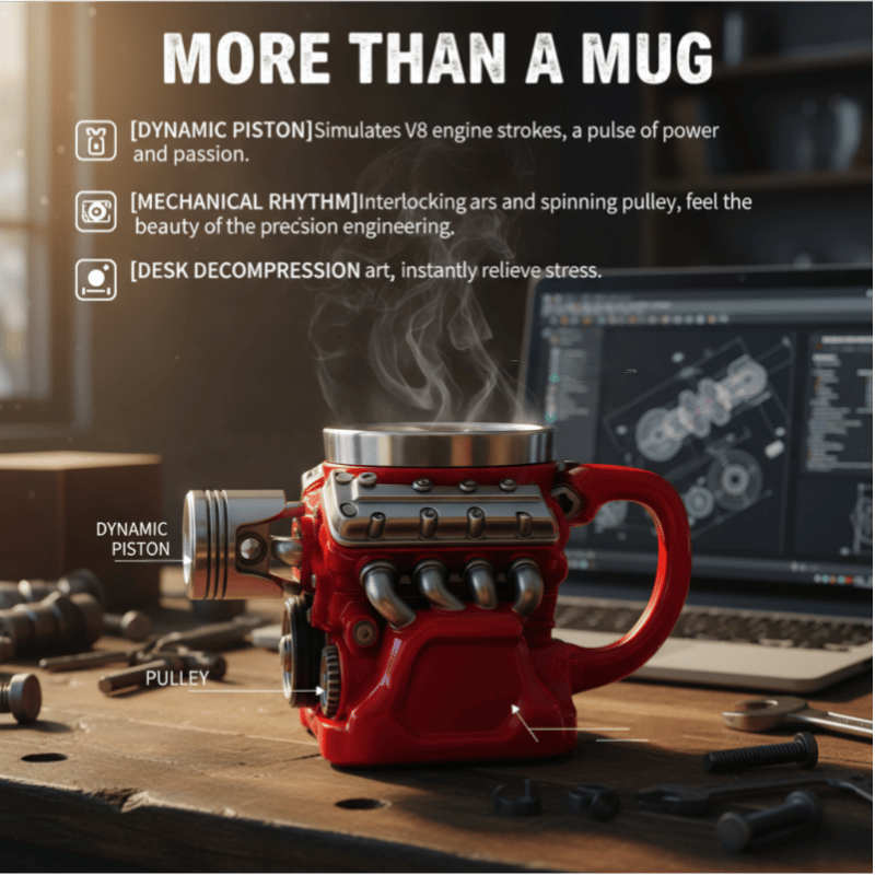 🔨✨Retro V8 Engine Coffee Mug – Realistic Design, Stainless Steel Construction