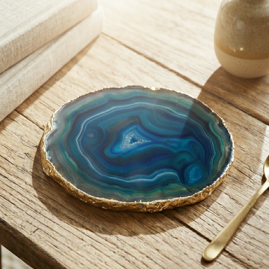 Large Gold Edge Agate Slice with Stand: Gift Boxed Coaster