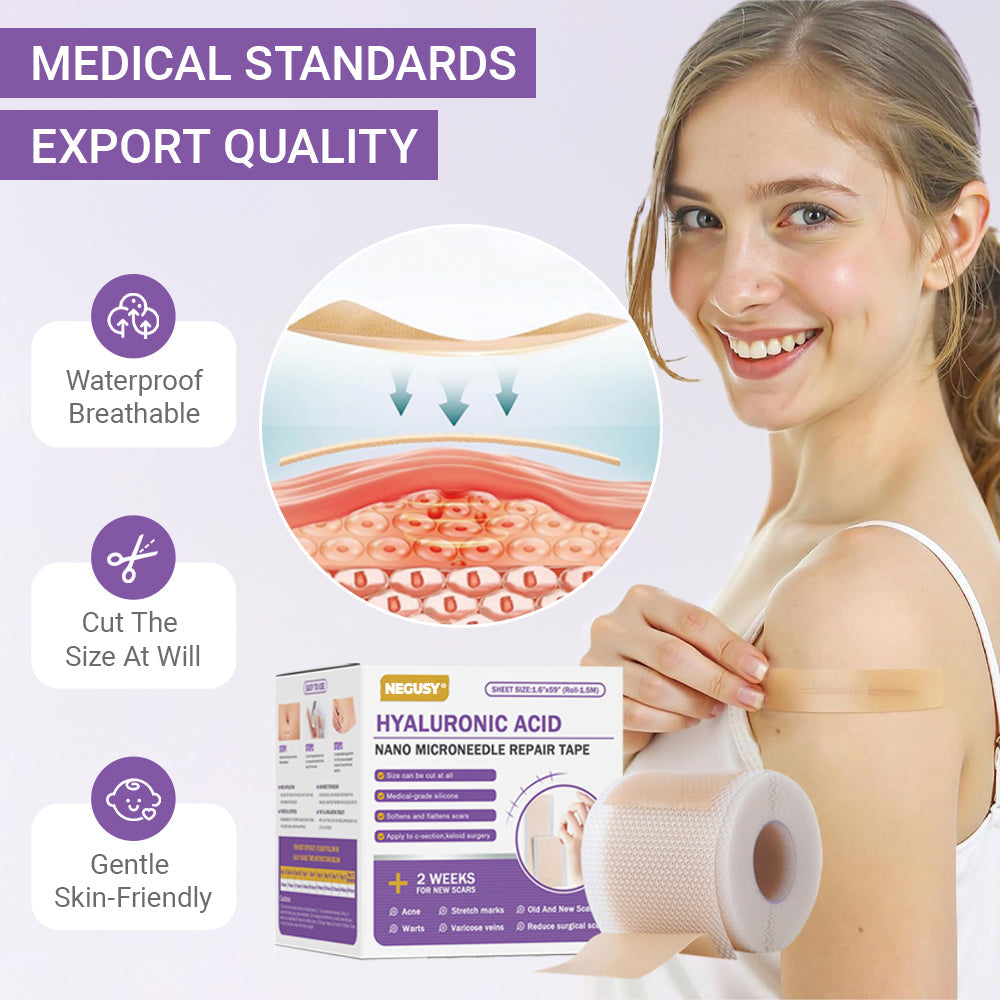 ✅Official Store |NEGUSY® Hyaluronic Acid Nano Microneedle Repair Tape🏥(Treatment of old and new scars, reduction of surgical scars, stretch marks, keloids, acne, burns, warts, dermatomes and varicose veins)